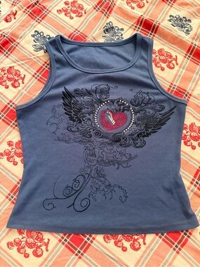 Vintage Blue Ribbed Tank with Heart & Wing Graphic
